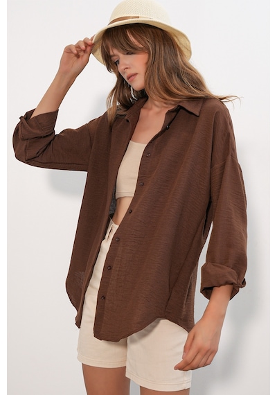 Bigdart Kadın Oversize Keten Gömlek 20338 - Kahverengi