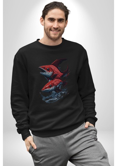 Kırmızı Japon Balığı Unisex Siyah Baskılı Sweatshirt Siyah