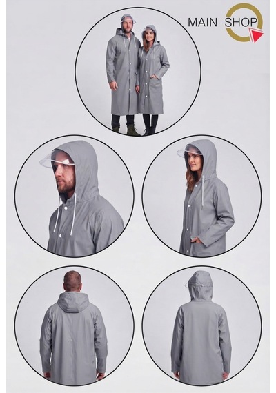 Mainshop Unısex Gri Su Ve Rüzgar Geçirmez Siperlikli Kapüşonlu Çıtçıtlı Cepli Yağmurluk