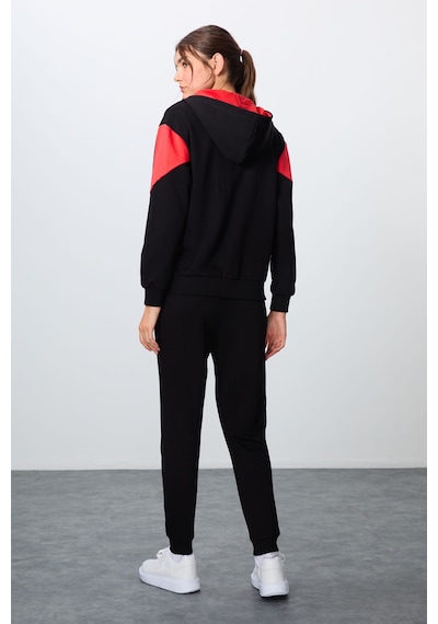 Tommy Life Siyah Kompakt Pamuklu Kalın Pürüzsüz Dokulu Kapüşonlu Oversize Fit Kadın Eşofman Takım - 95343 Siyah