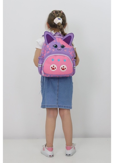 Anaokulu Kız Çocuk Sırt Çantası Sevimli Kedi Figürlü Mor Pembe Desenli