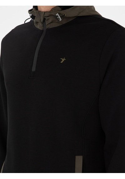 Siyah Regular Fit Pamuk Karışımlı Yarım Fermuarlı Kapüşonlu Sweatshirt