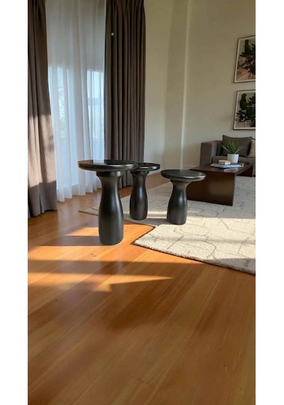 Minimalist Ve Doğal Dokulu Masif Ahşap Zigon Sehpa - Siyah 3 Lü