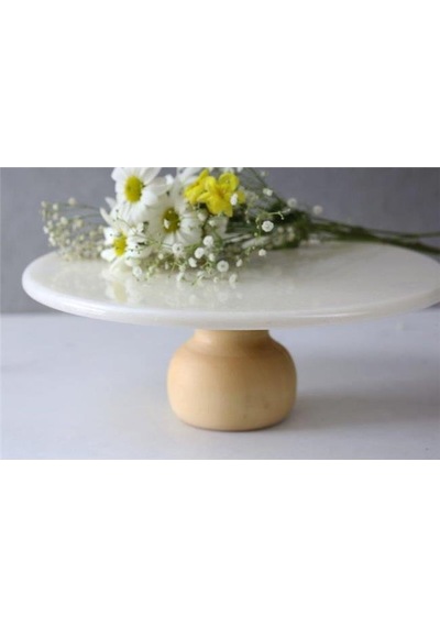 Akayev Mermer 25 CM Ahşap Ayaklı Beyaz Yuvarlak Sunum Tabağı