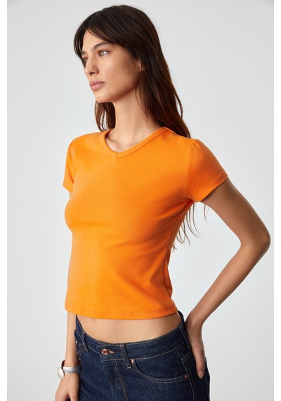 Ethıquet Masroutı Kadın Slim Kısa V Yaka Kısa Kol Turuncu T-shirt