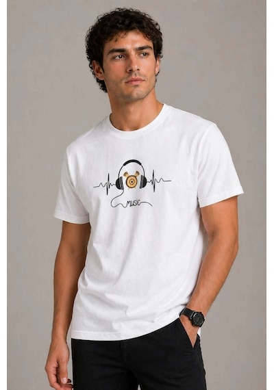 Barlashive Erkek Müzik Temalı Baskılı Tişört Bisiklet Yaka Kısa Kol T-shirt - Beyaz Çok Renkli