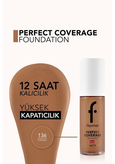 Flormar Perfect Coverage Yoğun Kapatıcı Su Bazlı Fondöten (Sıcak Alt Ton) -136 Chesnut -8682536070652