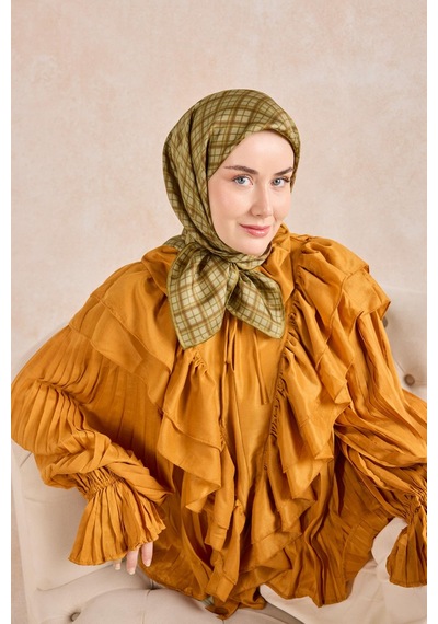 Silk Home Twill İpek Eşarp Ekose Yeşil Bej Çok Renkli