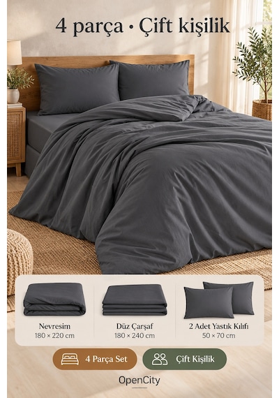 Çift Kişilik Antrasit Nevresim Takımı 4 Parça Düz Renk 180x220 Nevresim 180x240 Çarşaf 2 Yastık Klf