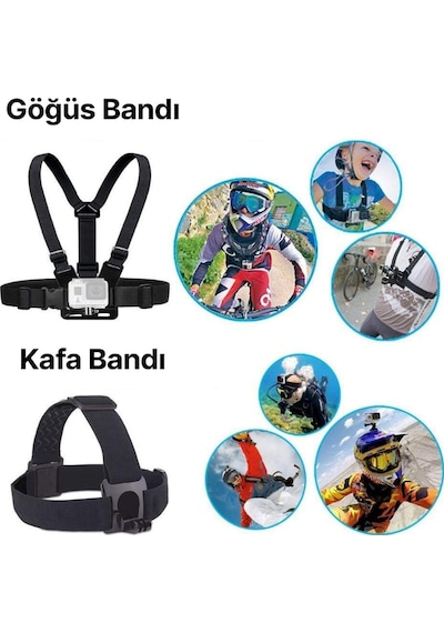 Gopro Aksiyon Kamera Ve Telefon İle Uyumlu Kafa Ve Göğüs Bandı Askı Seti Siyah