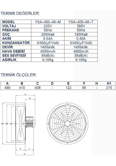 Ayas 40 Cm Sanayi Tipi Aspiratör 380 Volt Trifaze