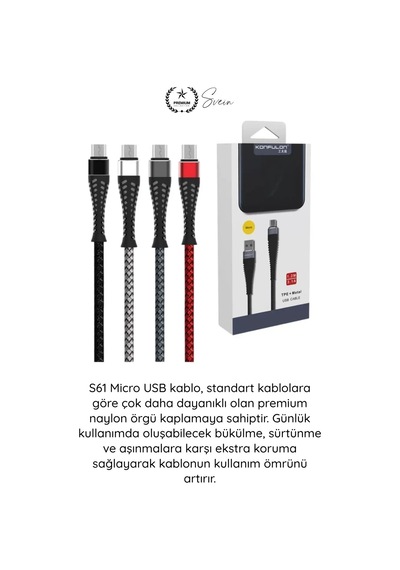 Şarjkablo Süper Hızlı Destekleyici S61 Micro Usb Kablo 1.2m 2.1a Hızlı Şarj Veri Aktarım Naylon Örg Siyah