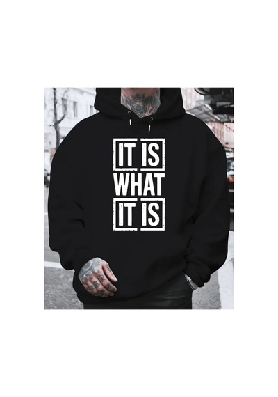 Herkesemoda İt's What Baskılı Kapşonlu Siyah Sweatshirt Siyah