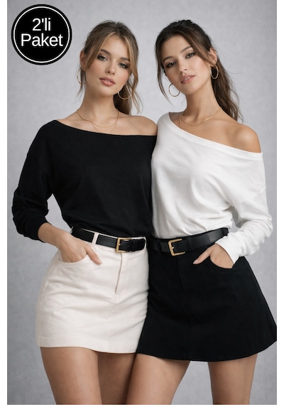 Rich Kadın 2'li Paket Siyah - Beyaz Düşük Omuz Modal Bluz Beyaz - Siyah