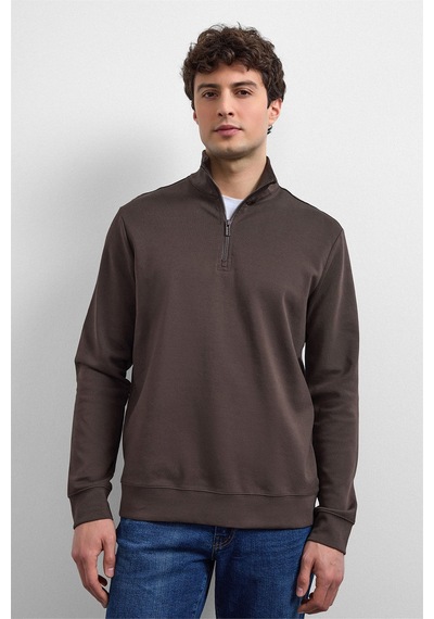 Backandbond Kahve Regular Fit Yarım Fermuarlı Sweatshirt