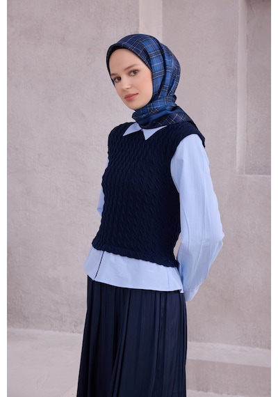 BELLİ Ekose Desen İpek Twill Eşarp 4218d01 Lacivert - 87