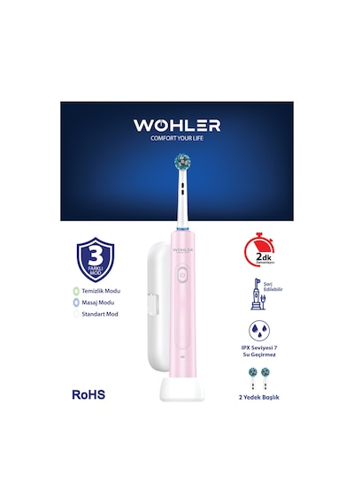 Wohler Değiştirilebilir Başlıklı Şarj Edilebilir Elektrikli Diş Fırçası - Pembe Şarjlı