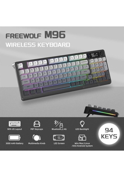 Miaxtreme Freewolf M96 2.4g+bt5.0 Triple Mebran Sessiz Tasarım Tft Led Ekranlı Reinbow Gaming Oyuncu Klavye