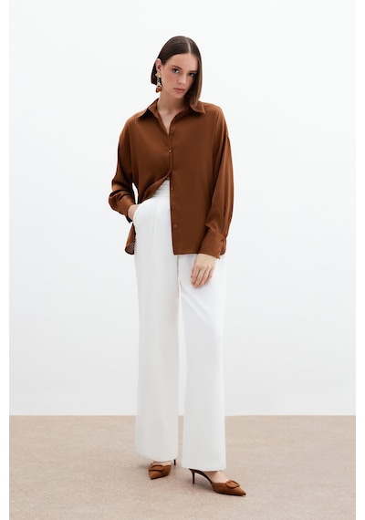 Sateen Kendinden Çizgi Desenli Gömlek - Kahve-136019 Kahve