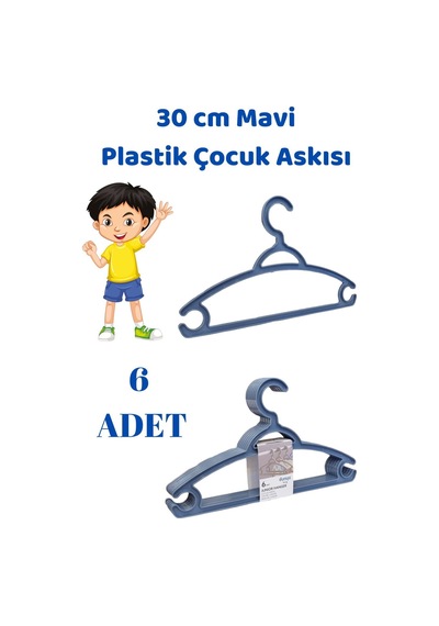 6 Adet Mavi Çocuk Plastik 30 Cm Kıyafet Askısı Elbise Askısı Plastik Mavi Diğer