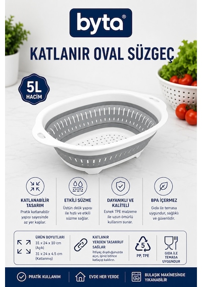 Katlanır Oval Süzgeç 31x24x10 Cm Çok Amaçlı Meyve Sebze Yıkama Ve Makarna Süzme Sepeti Diğer
