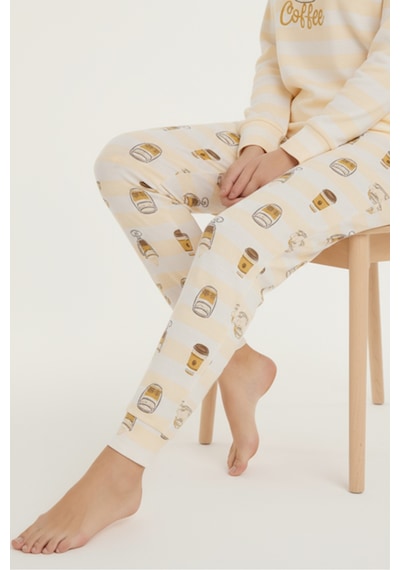 Luxury Thermal Coffee Desenli Kadın Polar Kışlık Pijama Takımı 42009 Sarı