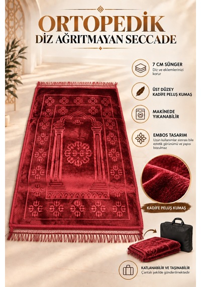 Ortopedik Diz Ağrıtmayan 7 Cm Visco Süngerli 80x120 Seccade Kadife Embos Üst Kumaş Çantalı Kırmızı