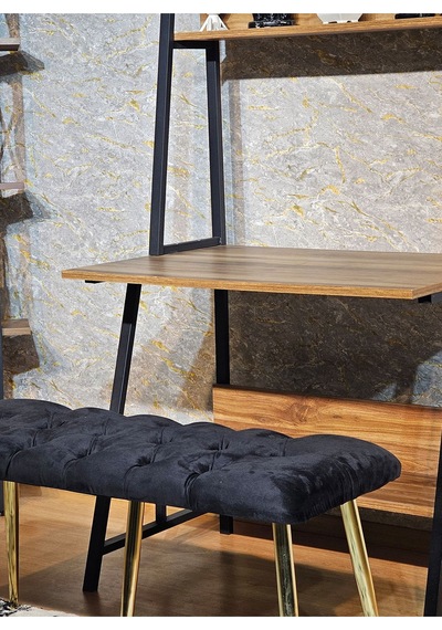 Zafir Gold Metal Siyah Oturaklı Sivriltme Ayaklı Babyface Puf & Bench & Oturak Siyah