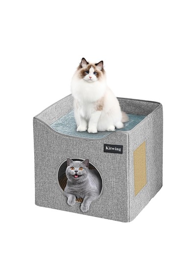 İç Mekan Kedileri İçin Kedi Yatağı, Katlanabilir Kedi Hideaway Çift Katlı Kedi Evi, Çizik Plakalı Kedi Evi, Ç