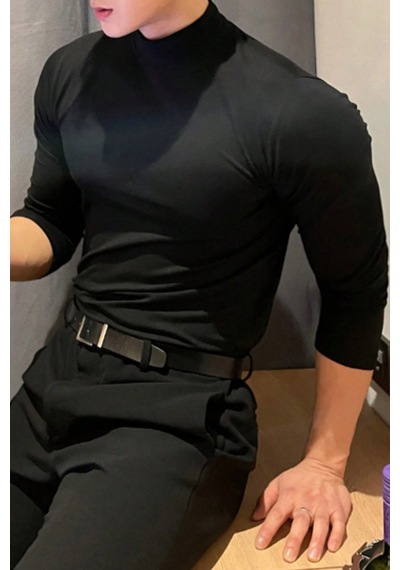 Tarz Cool Erkek Yarım Balıkçı Yaka Uzun Kollu Slim Fit Likralı Oysho Kumaş Tişört Siyah