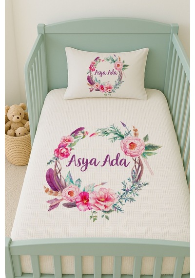 %100 Pamuk İsme Özel İsimli 100x150 Cm Pike Seti Pembe Çiçek Çemberi