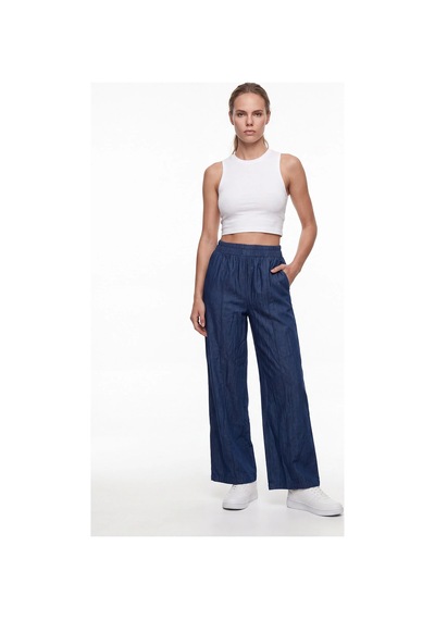 CEMO Kadın Yüksek Bel Dikiş Detaylı Straight Fit Jean Pantolon Mavi