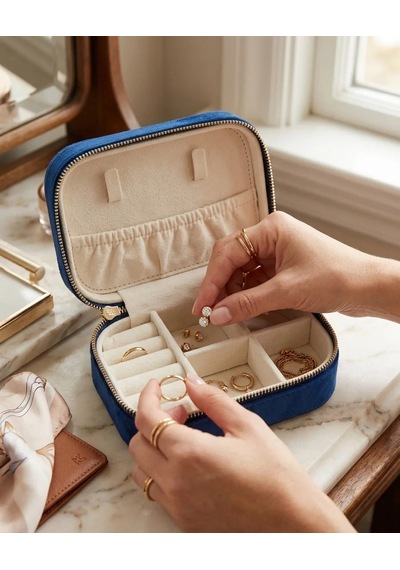 Takı Kutusu Düzenleyici Seyahat Çantası Kolye Yüzük Küpe Organizer Kadife Lacivert 12cmx8cm