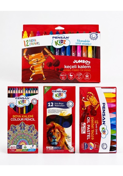 Pensan Kidz 4 Lü Boyama Seti 12 Renk Keçeli Kalem Pastel Sulu Boya Kuru Boya Okul Seti Çok Renkli
