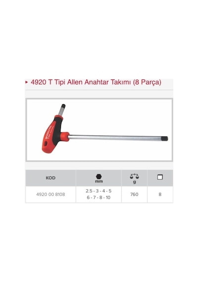 İzeltaş 8 Parça T Tipi Allen Anahtar Takımı