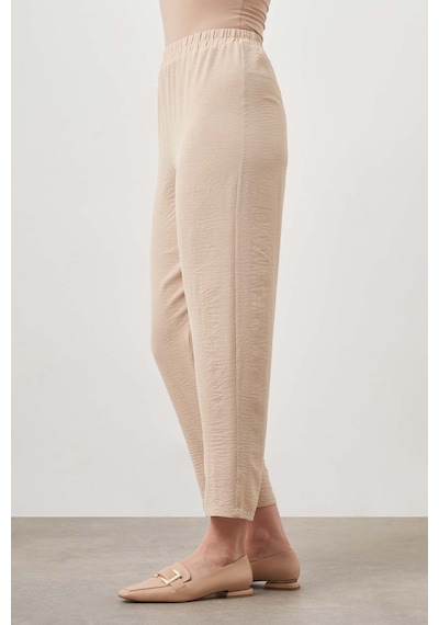 Mizalle Beli Lastikli Garni Bej Pantolon Bej