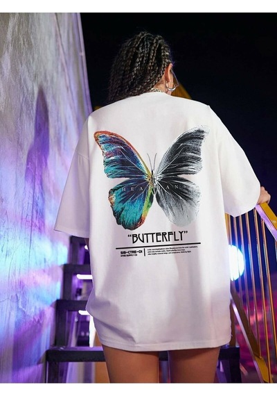 Flood Of Style Kadın Beyaz Butterfly Ön Arka Baskılı Oversize T-shirt