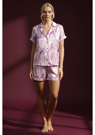 Kadın Pembe Desenli Kısa Kollu Saten Şortlu Pijama Takımı Rahat Ve Şık 2 Li Set