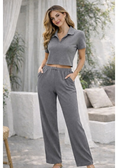 Mekaizen Kadın Fitilli Kumaş Polo Yaka Crop Üst & Bol Paça Pantolon Takım Gri