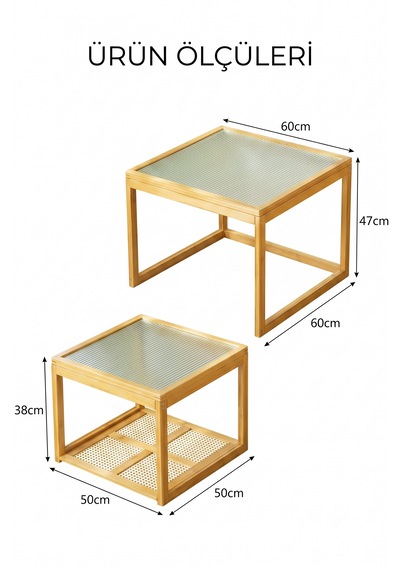Robin Home Modern Doğal Bambu 2'li Kare Orta Sehpa Seti Temperli Camlı Ve Yapay Rattan Alt Raflı Zigon Bej Robin Home Modern Doğal Bambu 2'li Kare Orta Sehpa Seti Temperli Camlı Ve Yapay Rattan Alt Raflı Zigon Bej