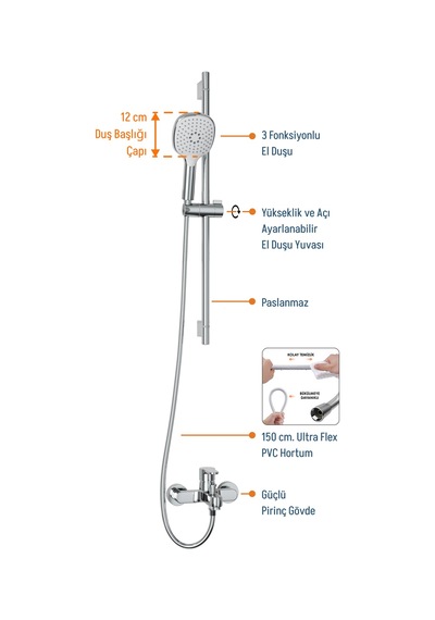 Adell Mode S Sürgülü Duş Seti - Lento Banyo Bataryası - 2 Parça Parlak Krom Ads.35.02.01.01 Krom