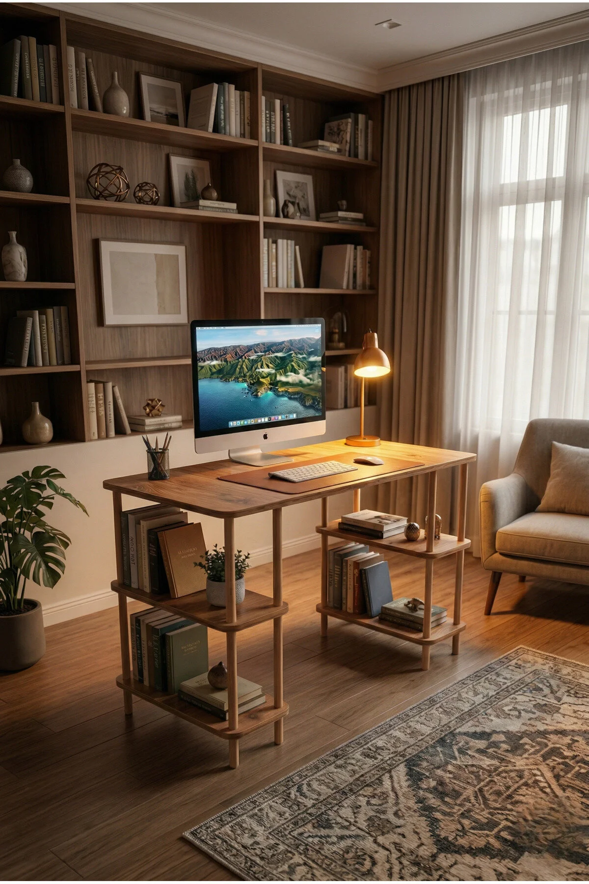 Kitaplıklı Bilgisayar Masası Raflı Geniş Çalışma Masası Modern Dekoratif Ofis Mobilyası Atlantik Çam Kitaplıklı Bilgisayar Masası Raflı Geniş Çalışma Masası Modern Dekoratif Ofis Mobilyası Atlantik Çam