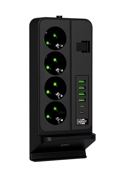 Coverzone Dikey Çoklu Priz, 4 Schuko Priz, 4 Usb-a + 2 Usb-c, Magsafe İle Uyumlu Şarj, 3.4a Usb Çıkışı, Açma Kapama Anahtarlı, 2 Metre Kablolu Masaüstü Power Socket Siyah G12