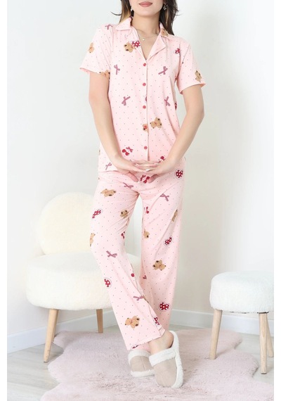 Modi Milan Kumaş Düğmeli Pijama Takımı Pudra - 750.1287. Açık Bej - Siyah
