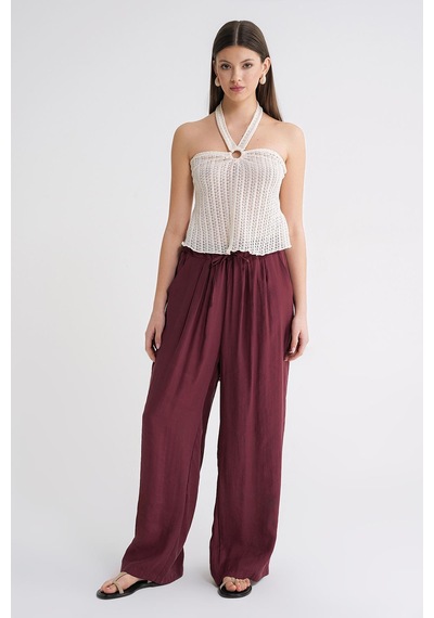 Mixray 4627 Kadın Bol Paça Beli Pileli Palazzo Geniş Kalıp Pantolon Bordo
