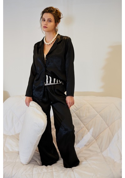 Akbeniz Kadın Siyah Oversize Saten Pijama Takımı