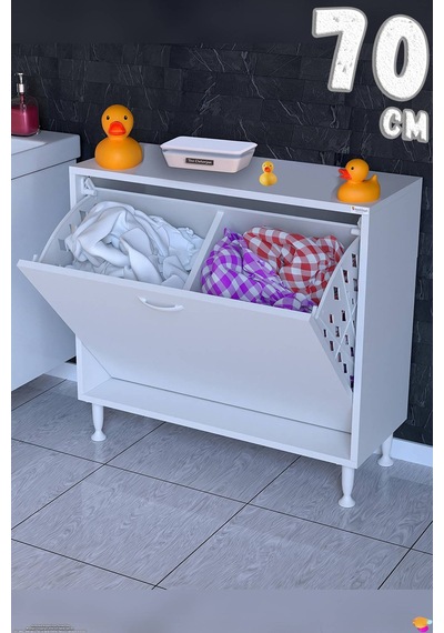 Söke 70 Cm 2 Gözlü Kirli Çamaşır Sepetli Çok Amaçlı Banyo Dolabı Beyaz