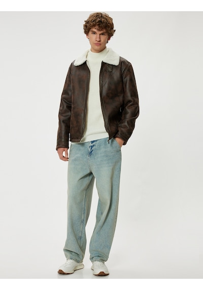 Koton Suni Deri Ceket İçi Peluşlu Slim Fit Gömlek Yaka Kahverengi 5wam20053hw Kahverengi