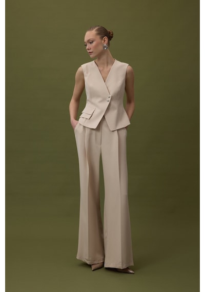 Sateen Sofia Palazzo Pantolon - Bej-137033 Bej