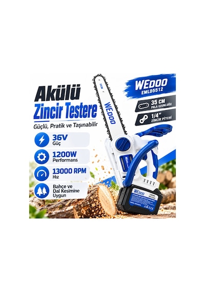 Algaride Wedo 36v 3ah Akülü Zincirli Testere 1200w Güç 13.000 Rpm 35 Cm Kılavuz 1/4 Zincir Bahçe Dal Ve Odun Kesim Makinesi